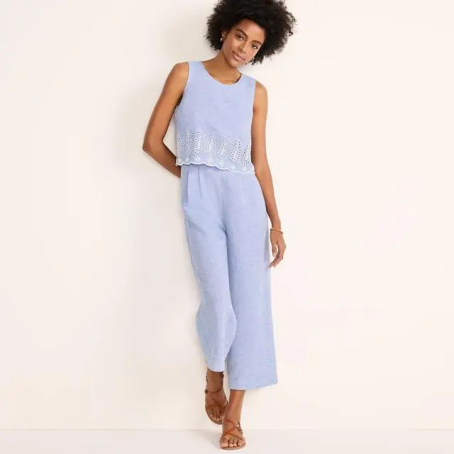 Lands' End Women's Sleeveless Eyelet Embroidered Linen Jumpsuit in Blue 