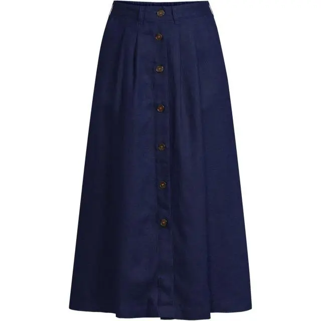 Lands' End Women's Petite Button-Front Linen Midi Skirt in Navy 