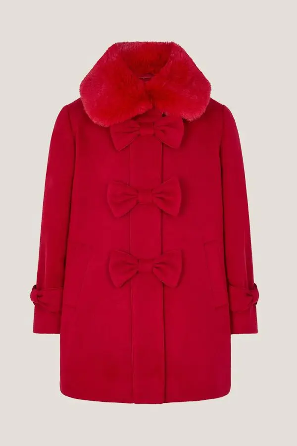 Faux Fur Collar Bow Coat Red