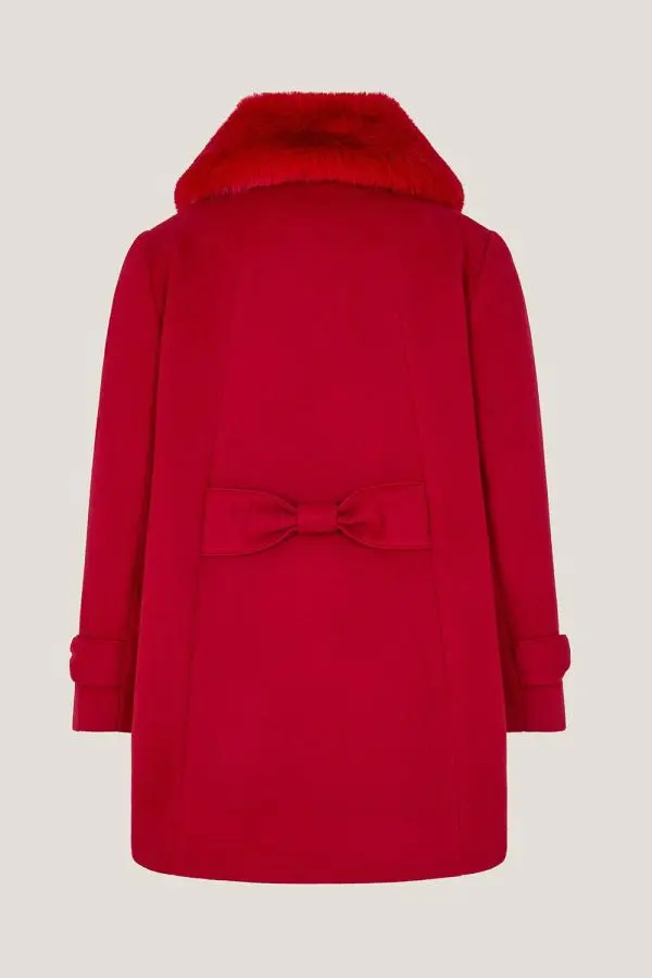 Monsoon Women's Faux Fur Collar Bow Coat Red | Size: 14-15 Years