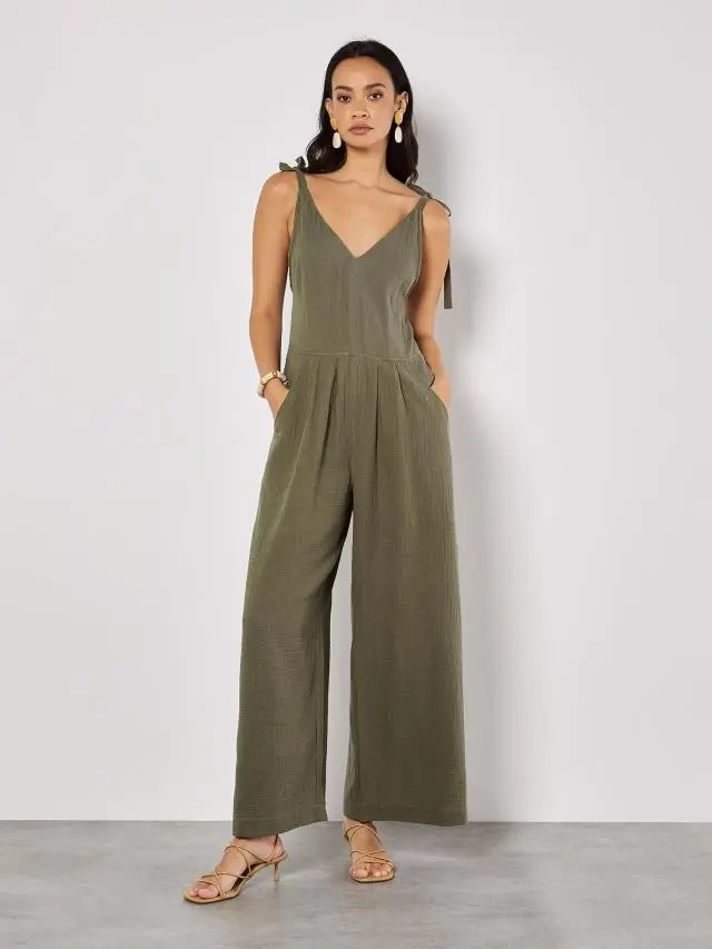 Apricot Women's Textured Cotton Wide Leg Jumpsuit in Khaki 