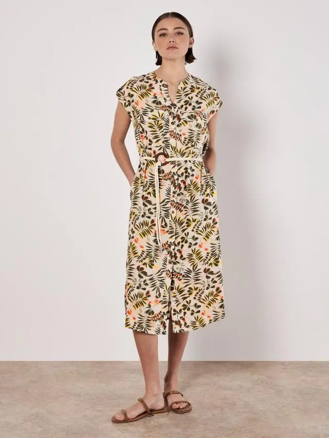 Apricot Women's Belted Leaf Print Midi Shirt Dress in Stone 