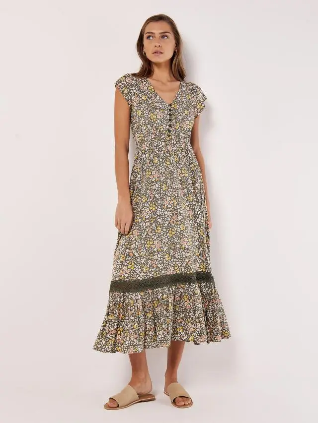 Apricot Women's Ditsy Floral Maxi Dress in Khaki 