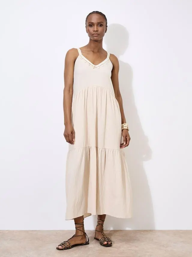 Apricot Women's Bead Embellished Cotton Midaxi Dress in Stone 