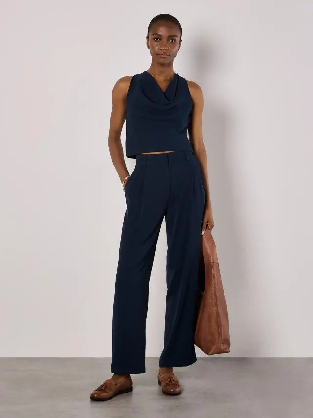Apricot Women's Soft Twill Wide Leg Trousers in Navy 