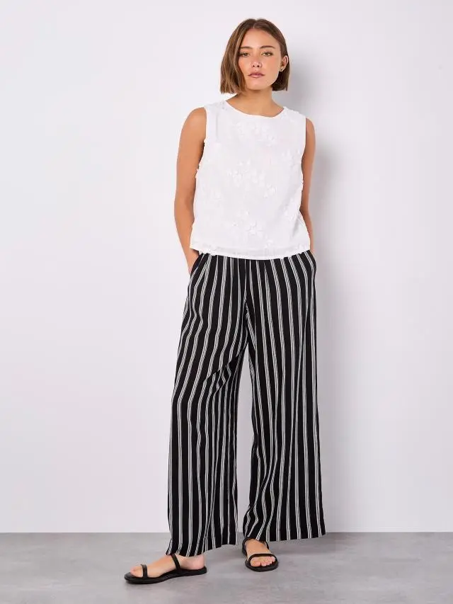 Apricot Women's Stripe Wide Leg Trousers in Black | Size: 8
