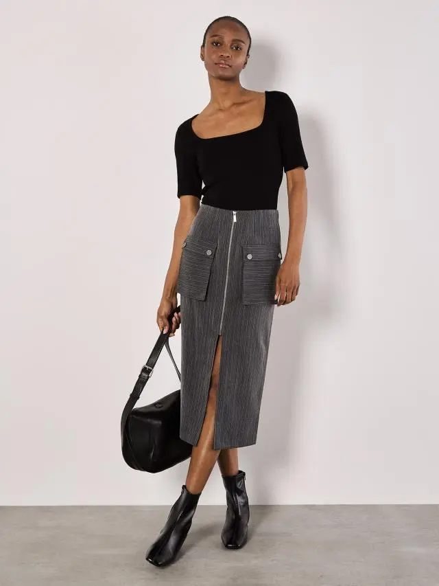 Apricot Women's Pinstripe Cargo Midi Skirt in Black | Size: 8