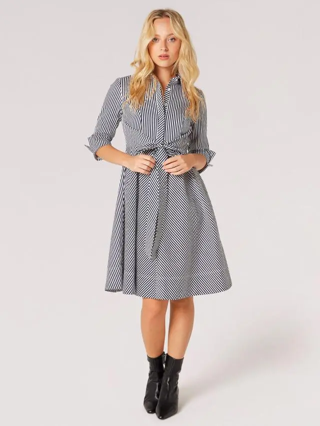 Apricot Women's Cotton Stripe Shirt Mini Dress in Navy 