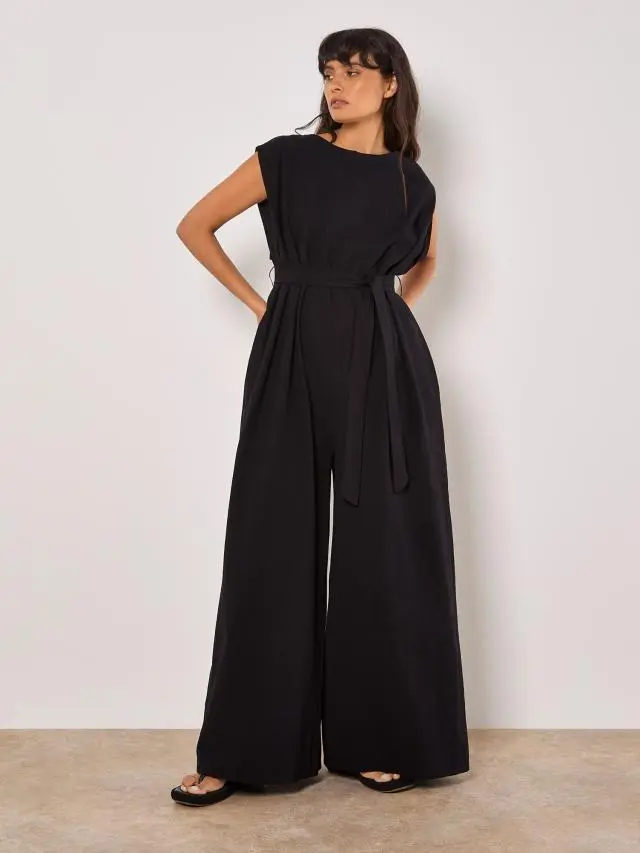 Apricot Women's Wide Leg Cotton Jumpsuit in Black 