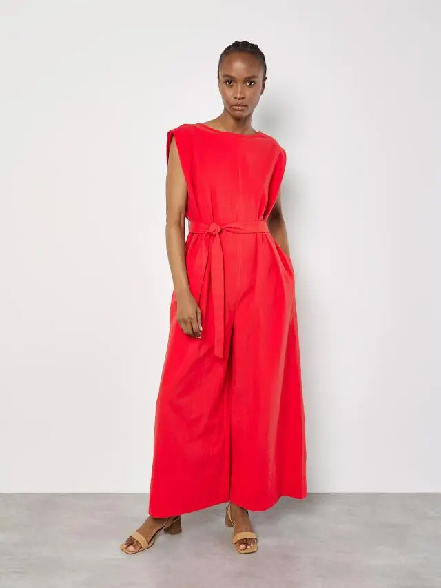 Apricot Women's Wide Leg Cotton Jumpsuit in Red | Size: 14