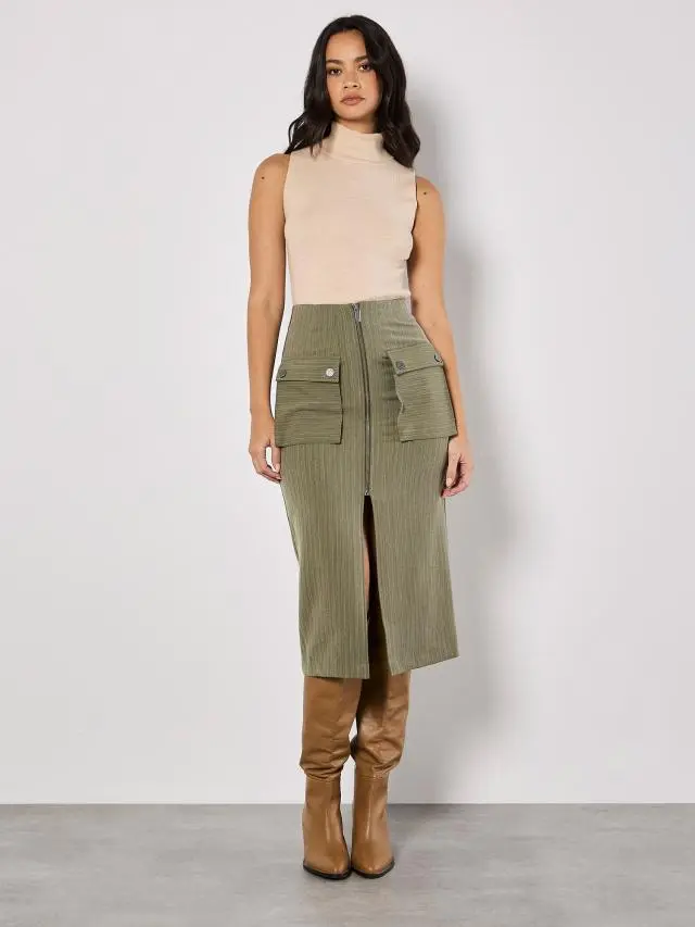 Apricot Women's Pinstripe Cargo Midi Skirt in Khaki 