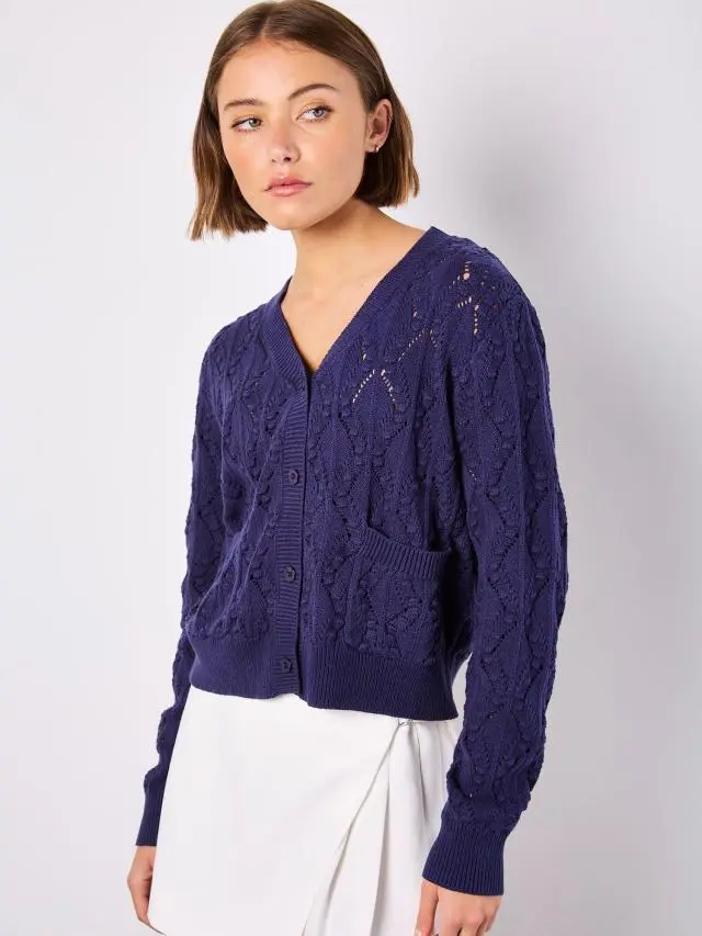 Apricot Women's Pointelle Knitted Cardigan in Navy | Size: 10