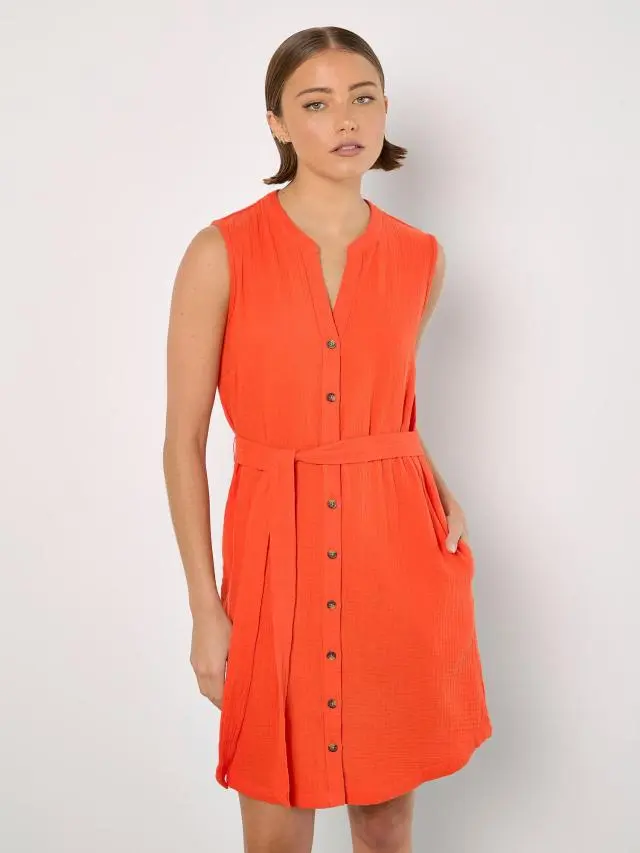 Apricot Women's Textured Cotton Button Down Mini Dress in Orange 