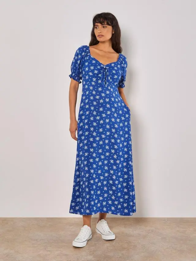 Apricot Women's Silhouette Floral Milkmaid Maxi Dress in Blue 