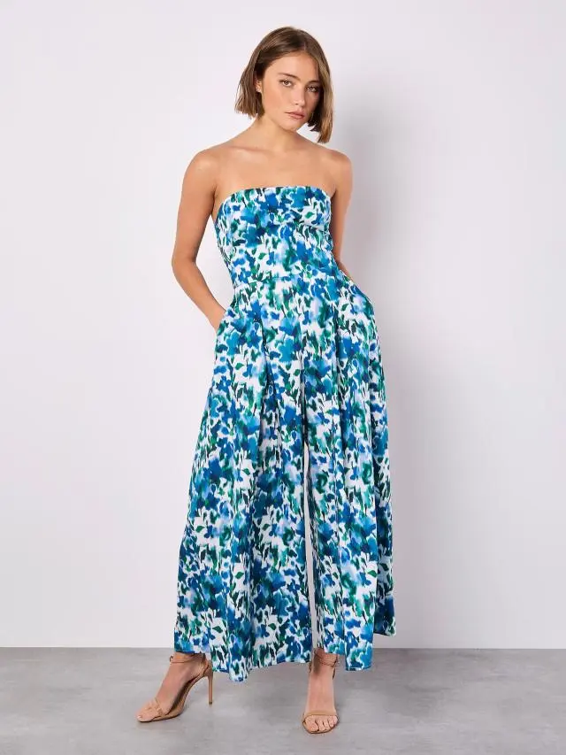 Apricot Women's Floral Ikat Palazzo Bandeau Jumpsuit in Blue 