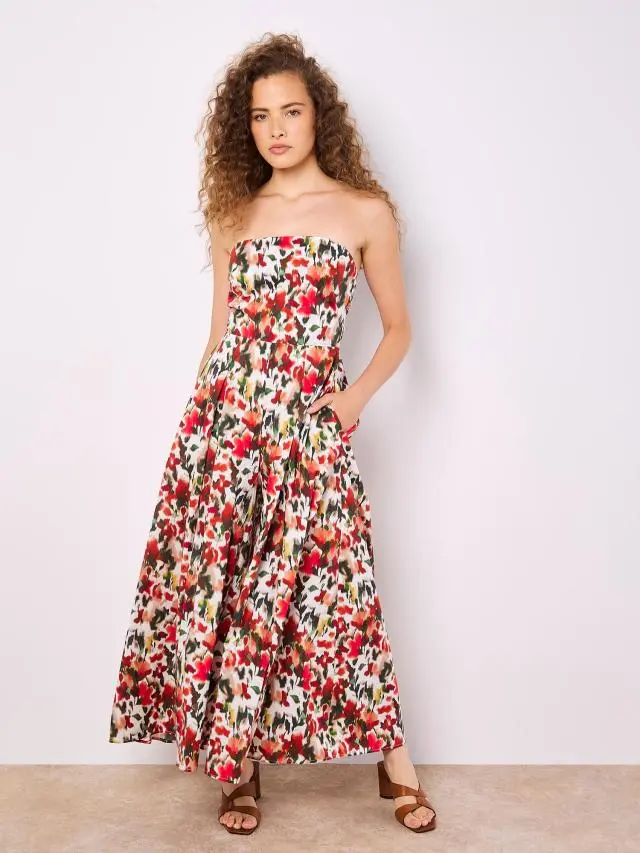 Apricot Women's Floral Ikat Palazzo Bandeau Jumpsuit in Red 