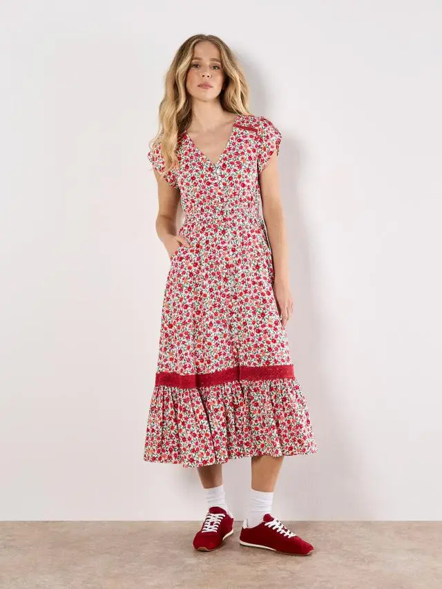 Apricot Women's Ditsy Floral Button Down Midi Dress in White 