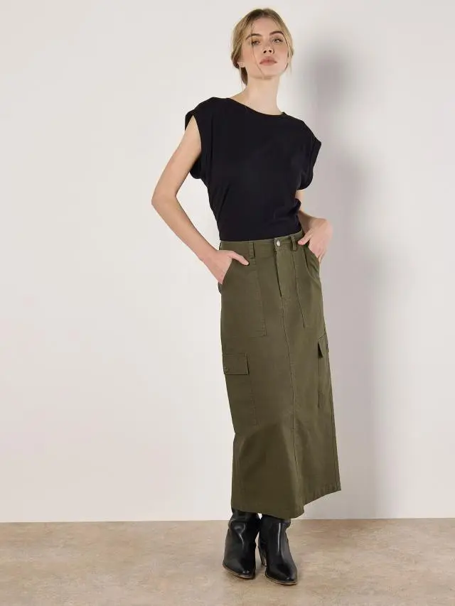 Apricot Women's Cotton Cargo Midaxi Skirt in Khaki 