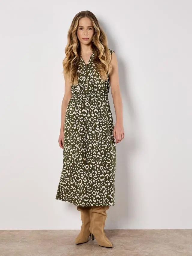 Apricot Women's Animal Print Midi Dress in Khaki | Size: 8