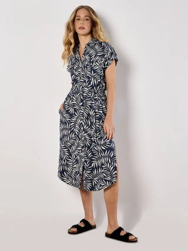Apricot Women's Leaf Print Shirt Midi Dress in Navy 