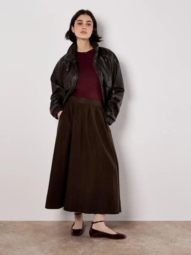 Apricot Women's Soft Woven A-Line Midaxi Skirt in Brown 