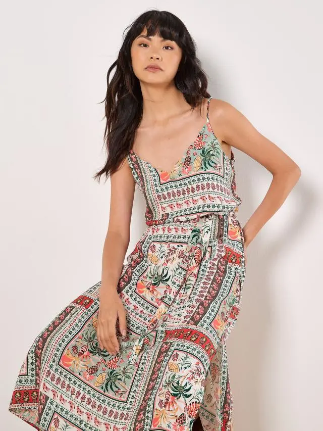 Apricot Women's Tropical Print Camisole Midi Dress in Mint 