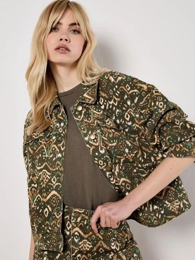 Apricot Women's Ikat Denim Jacket in Khaki 