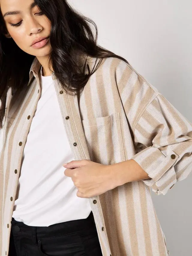 Apricot Women's Twill Stripe Oversized Shacket in Cream 