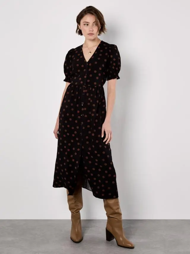 Apricot Women's Polka Dot Button-Down Midi Dress in Black 