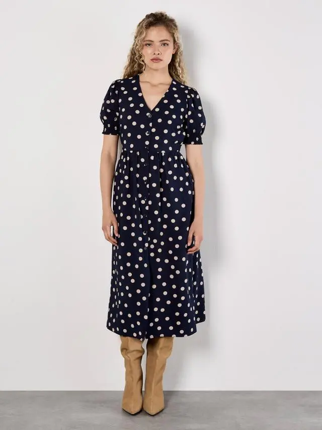 Apricot Women's Polka Dot Button-Down Midi Dress in Navy 