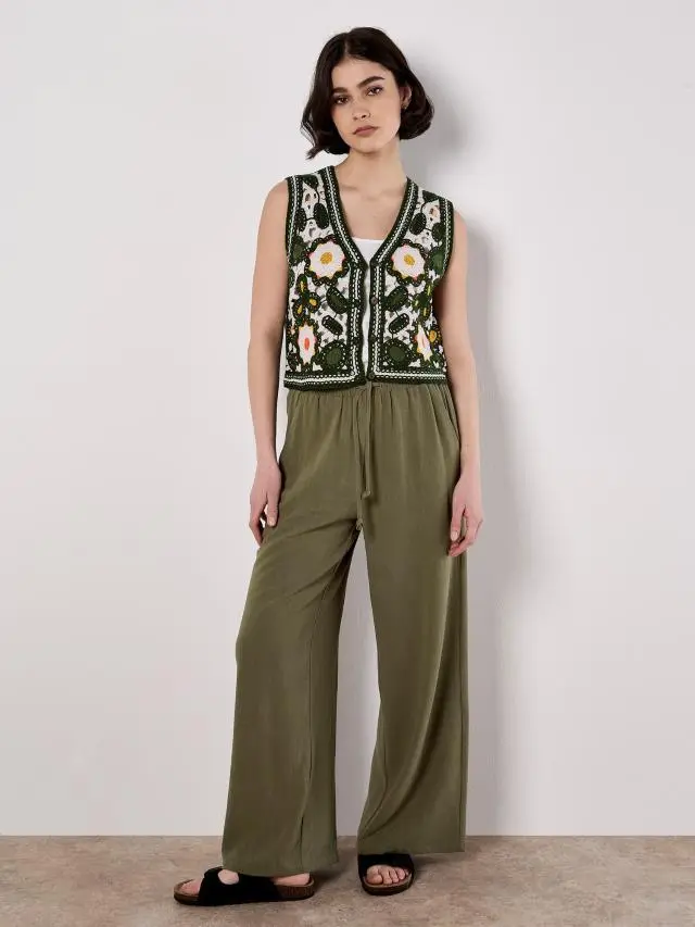 Apricot Women's Linen Blend Wide Leg Trousers in Khaki 