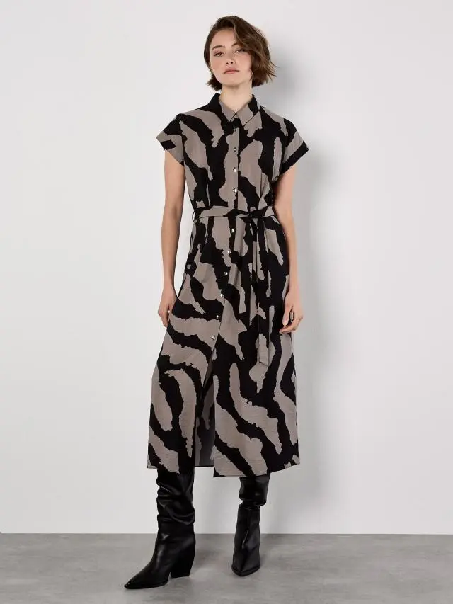 Apricot Women's Zebra Print Shirt Midi Dress in Stone 
