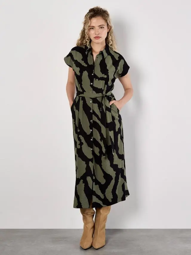 Apricot Women's Zebra Print Shirt Midi Dress in Khaki 
