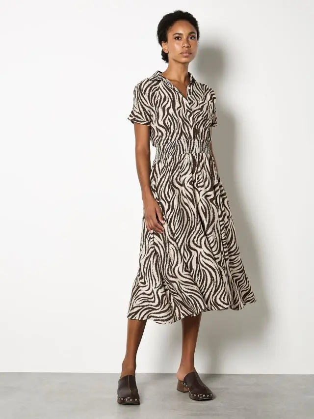 Apricot Women's Zebra Print Shirt Midi Dress in Stone 