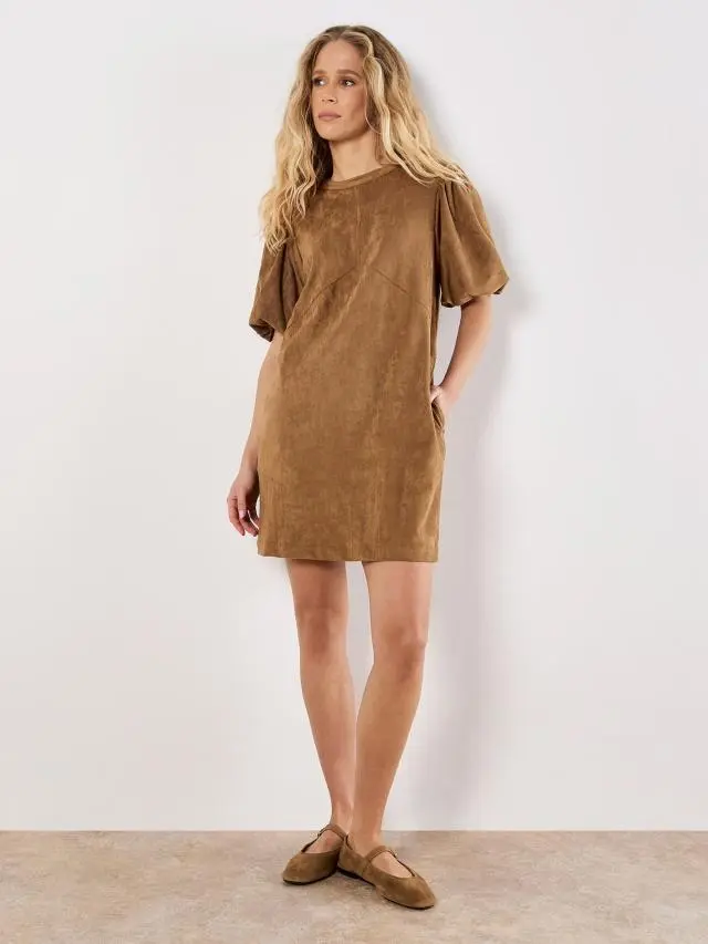 Apricot Women's Suede Shift Mini Dress in Brown 
