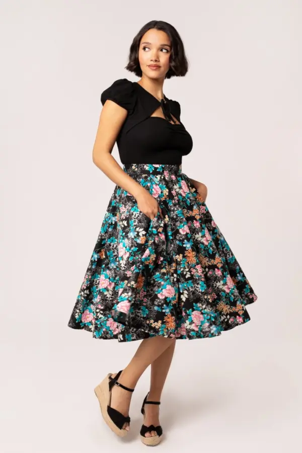 Hell Bunny Women's Umi 50's Style Floral Midi Skirt in Black 