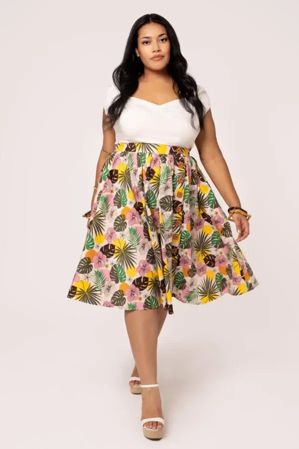 Hell Bunny Women's Benita 50's Style Floral Midi Skirt in Beige 