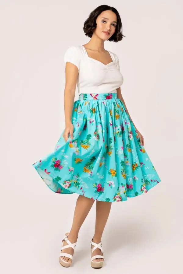 Ayanna 50's Style Aqua Base Midi Floral Skirt