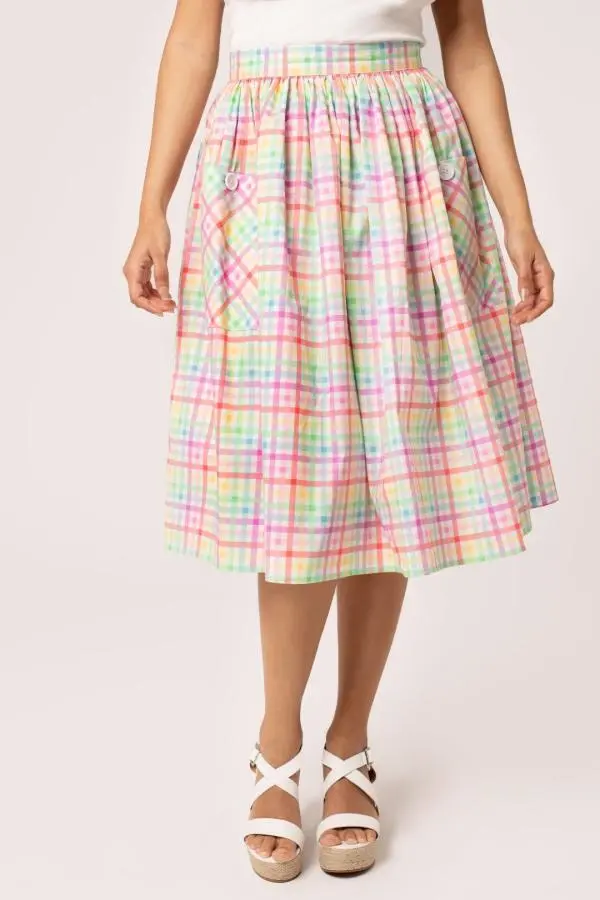 Suzon 50's Style Pastel Rainbow Print Midi Skirt
