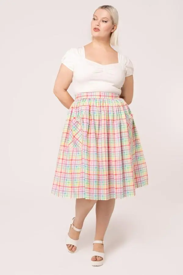 Suzon 50's Style Pastel Rainbow Print Midi Skirt
