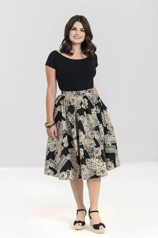 Dominique 50's Style Floral Skirt Black