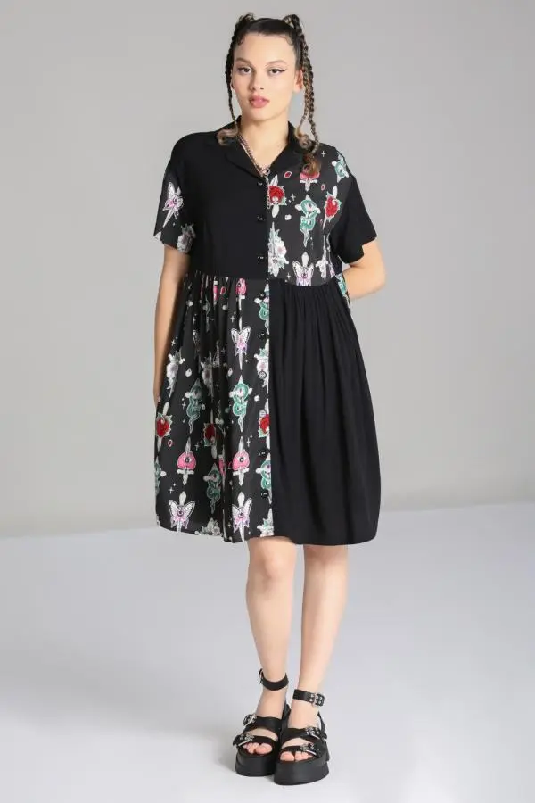 Hell Bunny Women's Cersei Printed Dagger & Motif Artwork Knee Dress in Black | Size: XS