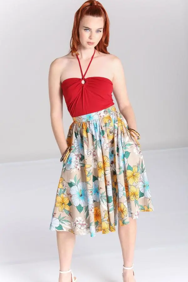 Hell Bunny Women's Pattaya Printed 50s Style Midi Skirt in Beige | Size: 4XL