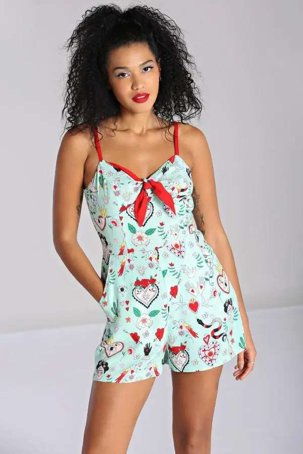 Hell Bunny Women's Tijuana Printed Sweatheart Neckline Playsuit in Green 
