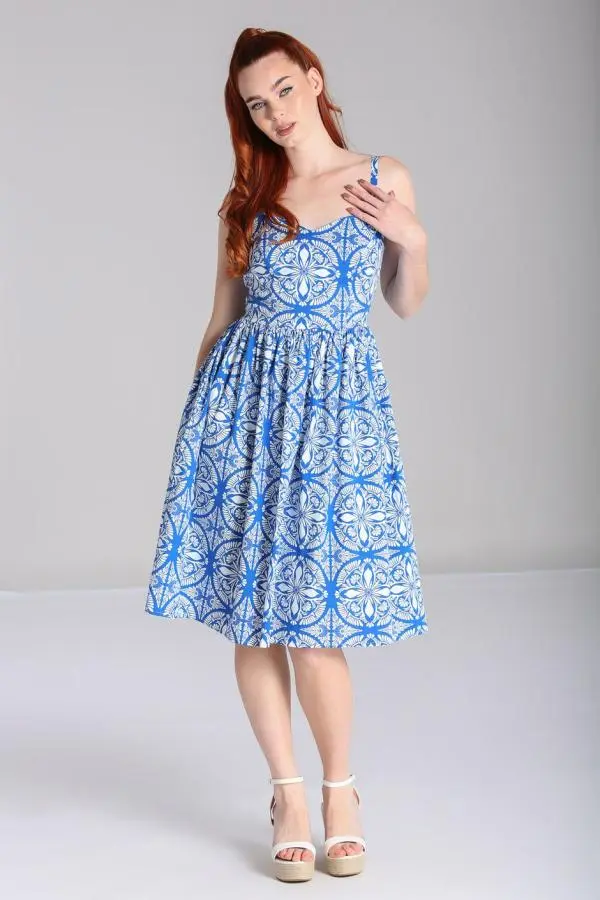 Hell Bunny Women's Sicily Printed stretch cotton 50s style Dress in Blue 