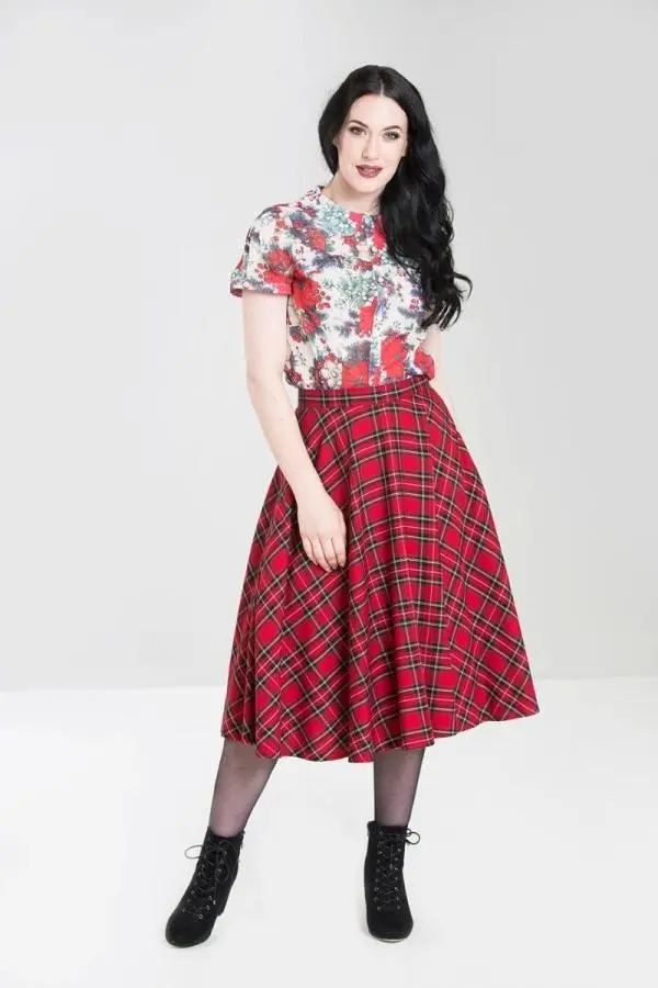 Hell Bunny Women's Irvine 50s Red Tartan Full Circle Midi Skirt 