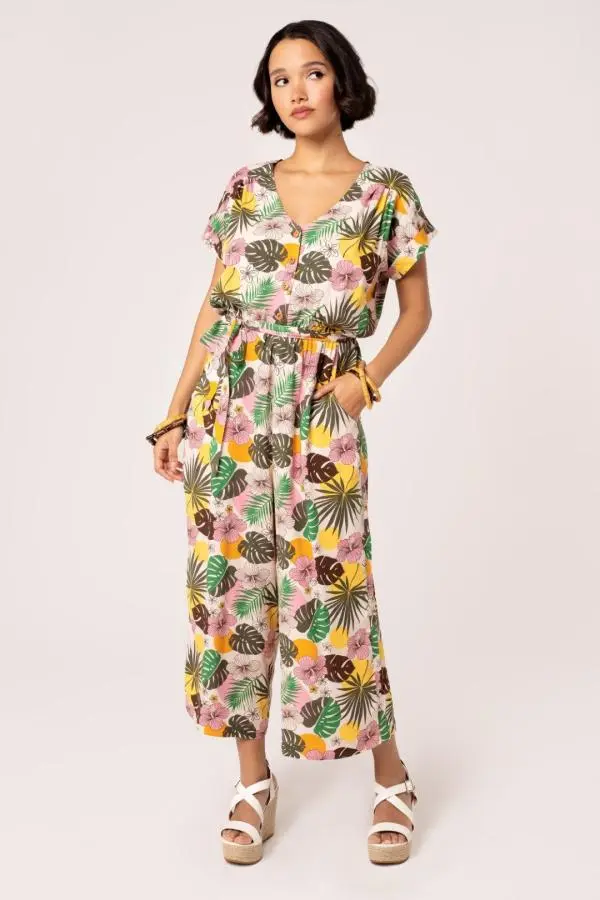 Hell Bunny Women's Benita Cropped Culottes Floral Jumpsuit in Beige 