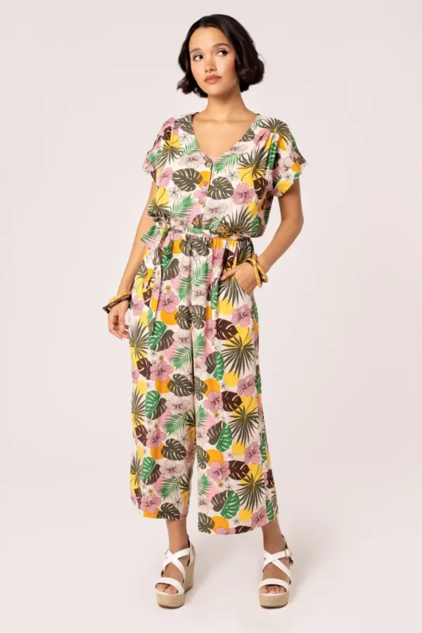 Hell Bunny Women's Benita Cropped Culottes Floral Jumpsuit in Beige 