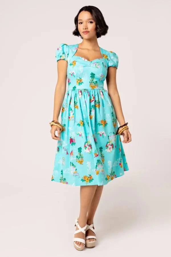 Hell Bunny Women's Ayanna 50's Style Stretch Midi Dress in Aqua 