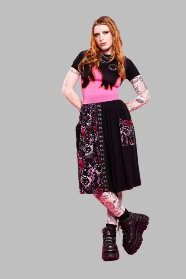 Hell Bunny Women's Riot Black Base Contrasting panels Midi Skirt 